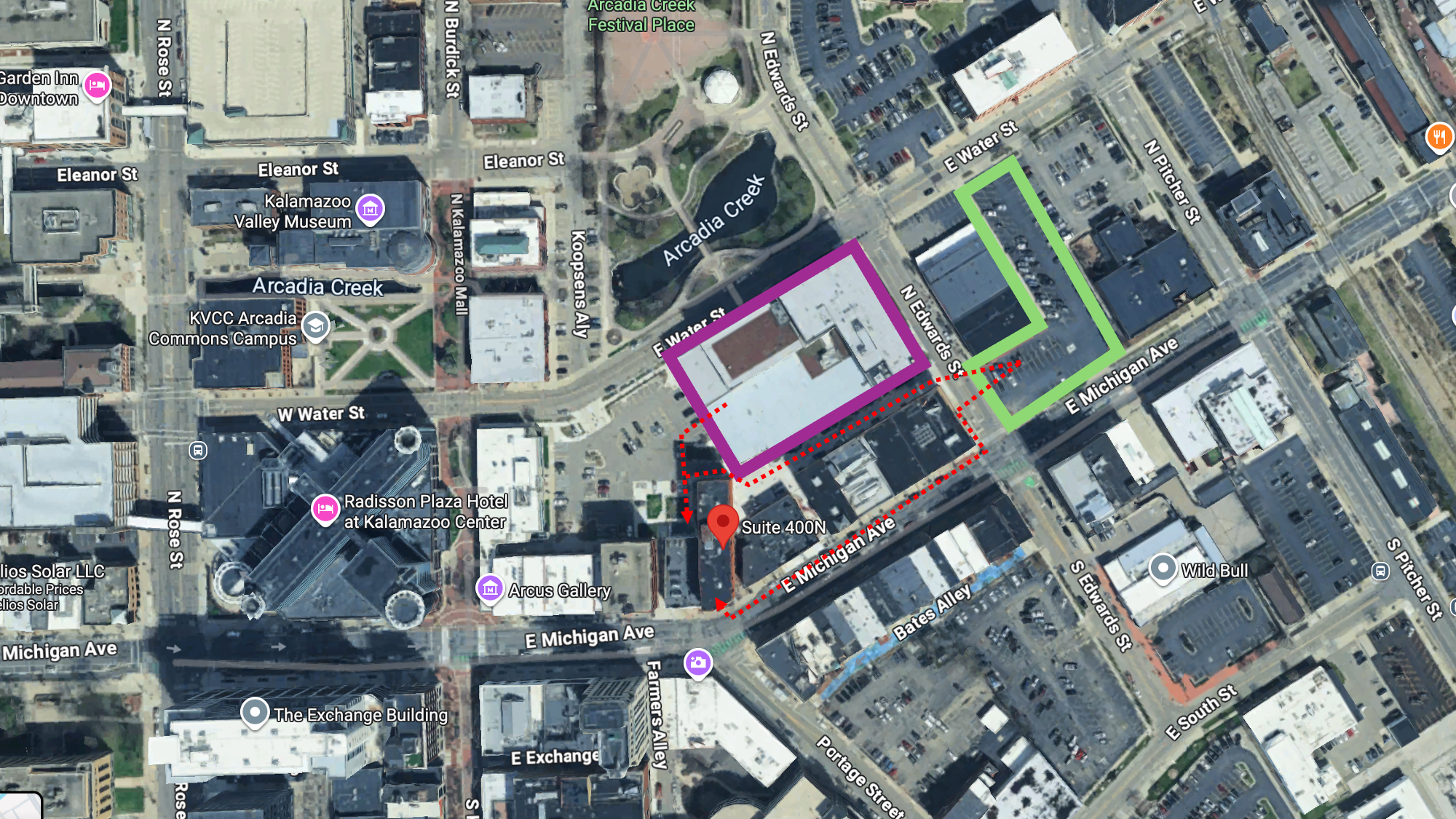 Map of downtown Kalamazoo showing parking areas and walking routes to 161 East Michigan Avenue